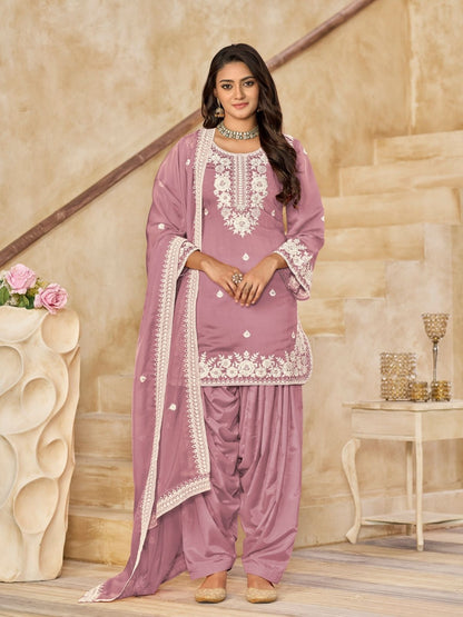 Rajwada Pink Silk Blend Embroidered Semi-Stiched Kurta Set For Women