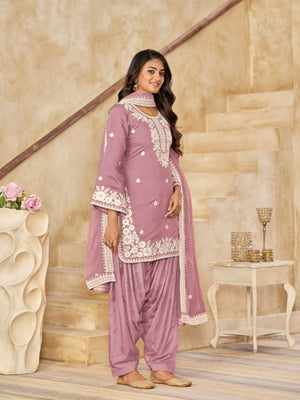Rajwada Pink Silk Blend Embroidered Semi-Stiched Kurta Set For Women