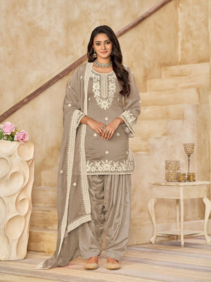 Rajwada Beige Silk Blend Embroidered Semi-Stiched Kurta Set For Women