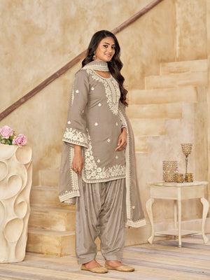 Rajwada Beige Silk Blend Embroidered Semi-Stiched Kurta Set For Women