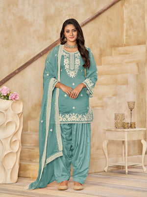 Rajwada Sea Green Silk Blend Embroidered Semi-Stiched Kurta Set For Women
