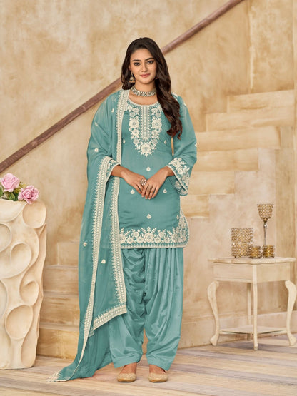 Rajwada Sea Green Silk Blend Embroidered Semi-Stiched Kurta Set For Women