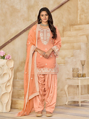 Rajwada Light Orange Silk Blend Embroidered Semi-Stiched Kurta Set For Women
