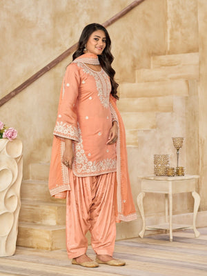 Rajwada Light Orange Silk Blend Embroidered Semi-Stiched Kurta Set For Women