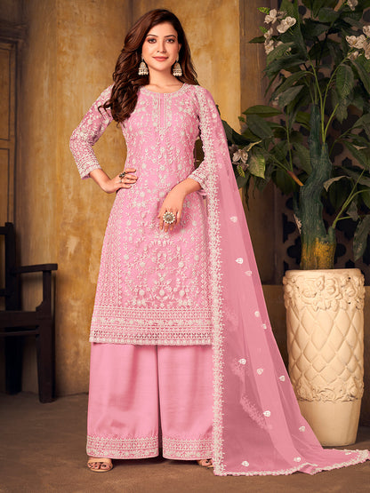 Rajwada Pink Net Embroidered Semi stitched Kurta Set with Inner For Women