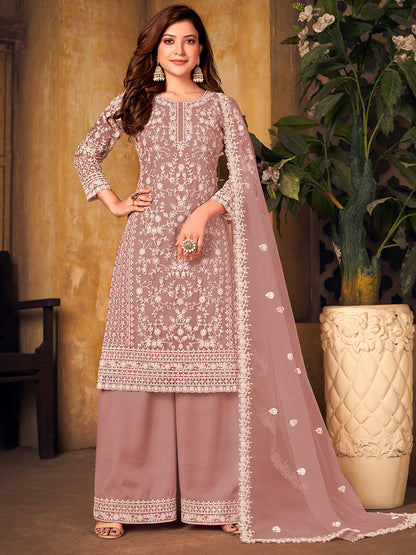 Rajwada Mauve Net Embroidered Semi stitched Kurta Set with Inner For Women