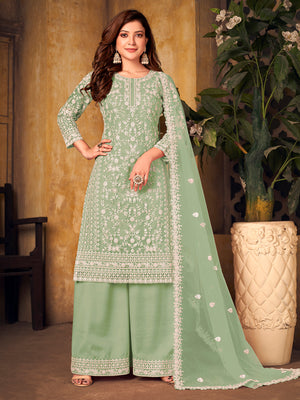Rajwada Green Net Embroidered Semi stitched Kurta Set with Inner For Women
