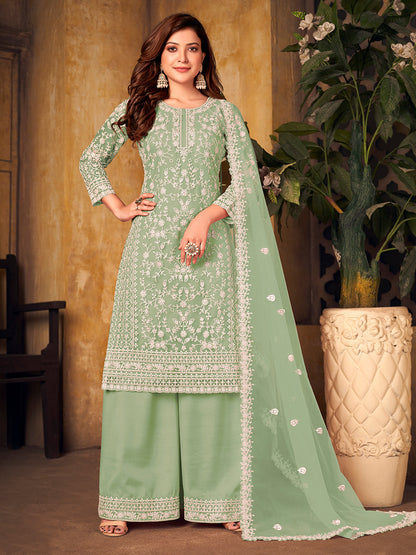 Rajwada Green Net Embroidered Semi stitched Kurta Set with Inner For Women