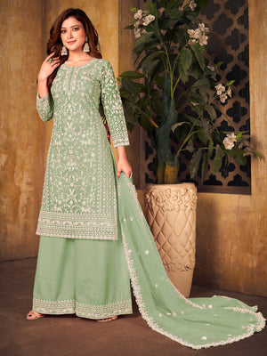 Rajwada Green Net Embroidered Semi stitched Kurta Set with Inner For Women