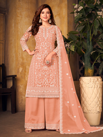 Rajwada Peach Net Embroidered Semi stitched Kurta Set with Inner For Women