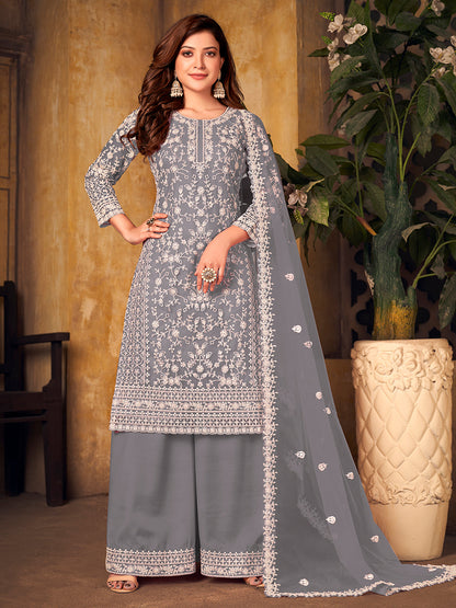 Rajwada Grey Net Embroidered Semi stitched Kurta Set with Inner For Women