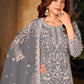 Rajwada Grey Net Embroidered Semi stitched Kurta Set with Inner For Women