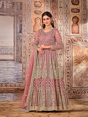 Rajwada Pink Net Embroidered Semi stitched Kurta Set with Inner For Women