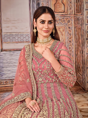 Rajwada Pink Net Embroidered Semi stitched Kurta Set with Inner For Women
