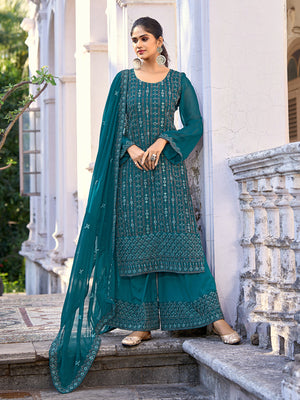 Rajwada Teal Silk Embroidered Semi stitched Kurta Set For Women
