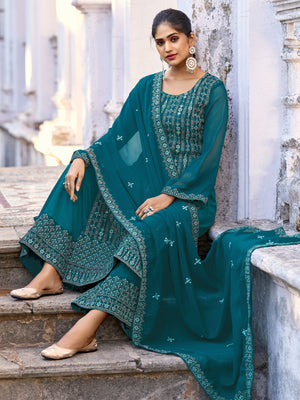 Rajwada Teal Silk Embroidered Semi stitched Kurta Set For Women
