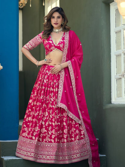 Rajwada Dark Pink Silk Blend Embellished Lehenga For Women
