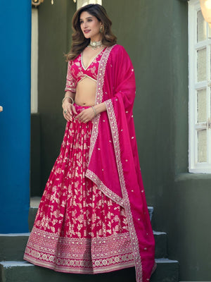 Rajwada Dark Pink Silk Blend Embellished Lehenga For Women