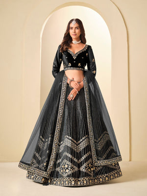 Rajwada Black Velvet Embellished Lehenga For Women