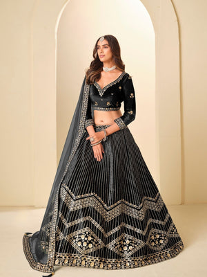 Rajwada Black Velvet Embellished Lehenga For Women