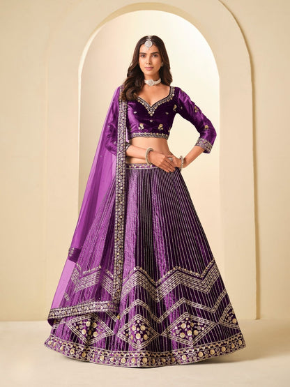 Rajwada Dark Purple Velvet Embellished Lehenga For Women