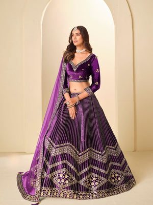 Rajwada Dark Purple Velvet Embellished Lehenga For Women