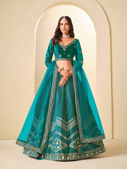 Rajwada Sea Green Velvet Embellished Lehenga For Women