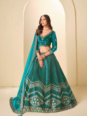 Rajwada Sea Green Velvet Embellished Lehenga For Women