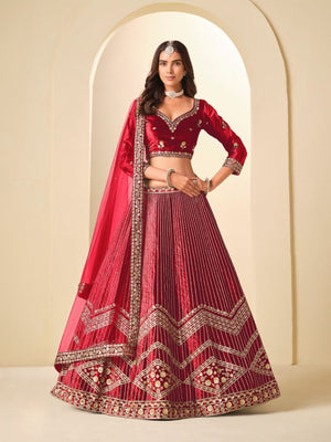 Rajwada Maroon Velvet Embellished Lehenga For Women
