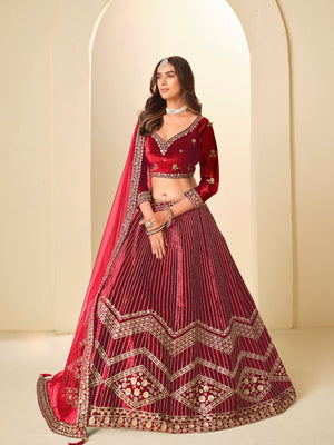 Rajwada Maroon Velvet Embellished Lehenga For Women