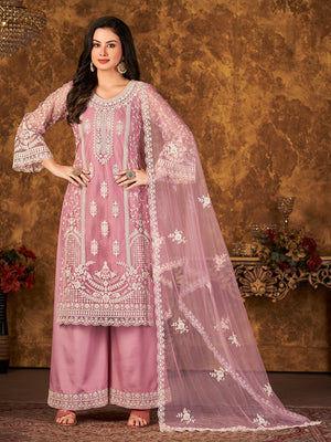 Rajwada Pink Net Embroidered Semi stitched Kurta Set with Inner For Women