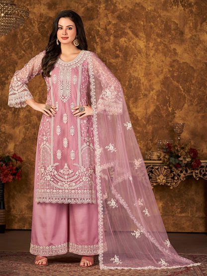 Rajwada Pink Net Embroidered Semi stitched Kurta Set with Inner For Women