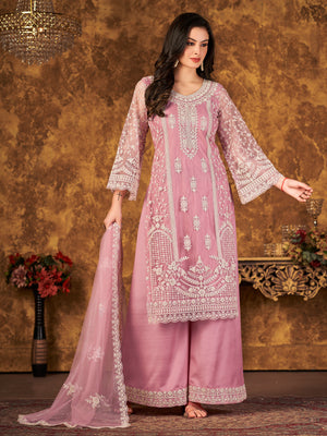 Rajwada Pink Net Embroidered Semi stitched Kurta Set with Inner For Women
