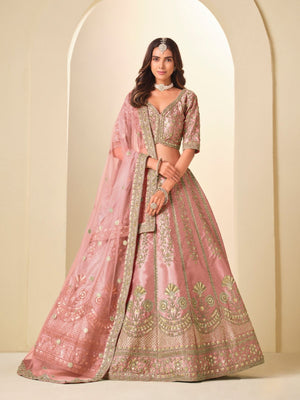 Rajwada Dusty Pink Silk Blend Embellished Lehenga For Women