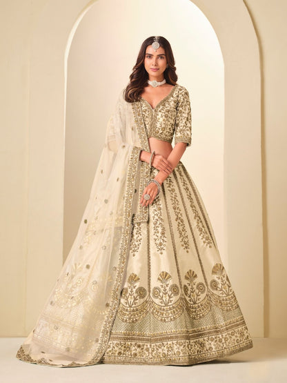 Rajwada Ivory Silk Blend Embellished Lehenga For Women