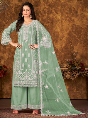 Rajwada Green Net Embroidered Semi stitched Kurta Set with Inner For Women