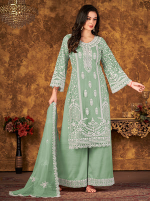 Rajwada Green Net Embroidered Semi stitched Kurta Set with Inner For Women