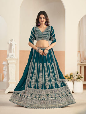 Rajwada Deep Teal Georgette Embellished Lehenga For Women