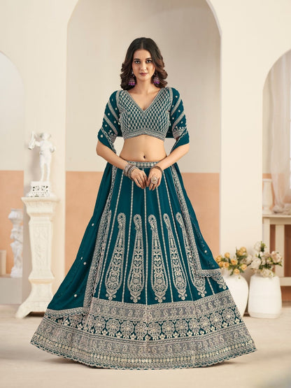 Rajwada Deep Teal Georgette Embellished Lehenga For Women