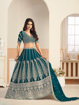 Rajwada Deep Teal Georgette Embellished Lehenga For Women