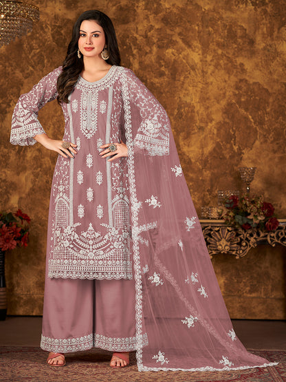 Rajwada Mauve Net Embroidered Semi stitched Kurta Set with Inner For Women