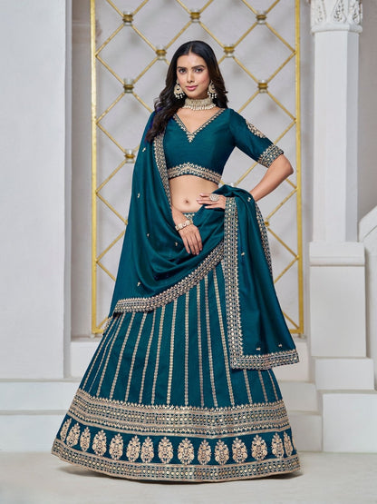 Rajwada Deep Teal Net Embellished Lehenga For Women