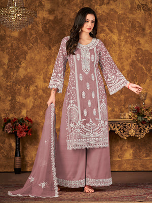 Rajwada Mauve Net Embroidered Semi stitched Kurta Set with Inner For Women
