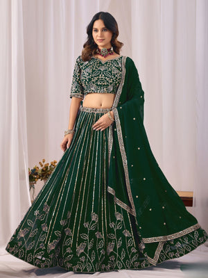Rajwada Deep Green Georgette Embellished Lehenga For Women