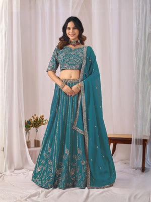 Rajwada Teal Blue Georgette Embellished Lehenga For Women