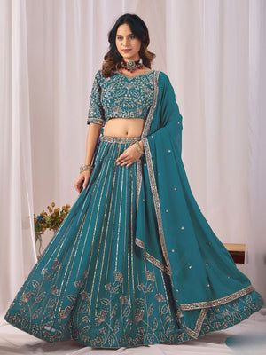 Rajwada Teal Blue Georgette Embellished Lehenga For Women