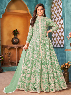 Rajwada Green Net  Embroidered Semi stitched Kurta Set with Inner For Women