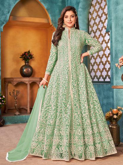 Rajwada Green Net  Embroidered Semi stitched Kurta Set with Inner For Women