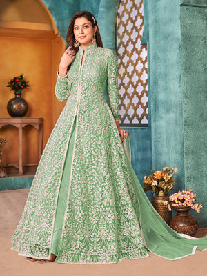 Rajwada Green Net  Embroidered Semi stitched Kurta Set with Inner For Women