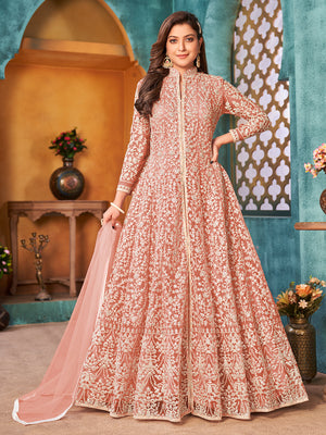 Rajwada Peach Net  Embroidered Semi stitched Kurta Set with Inner For Women